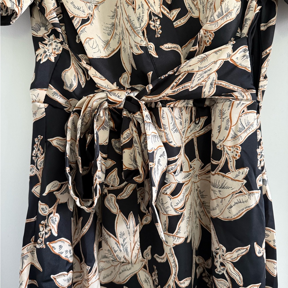 Tahari Black and Tan Flutter Tie Waist Midi Dress - Picture 3 of 4
